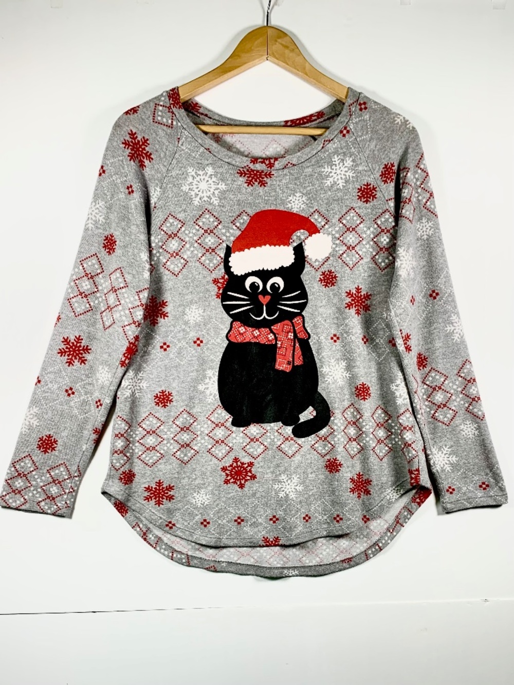 Holiday Time Ugly Christmas Shirt Santa Hat Black Cat Grey Red Black Snowflakes